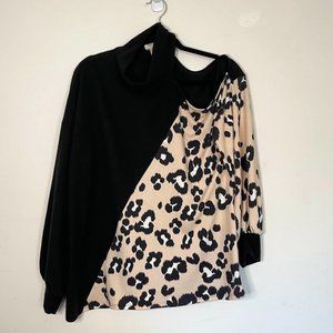 Bibi Black and Leopard Print Cold Shoulder Top Sz M